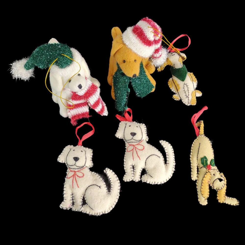 Set‎ 6 Plush Felt 5" Dog Ornaments, Stuffed Animals Hand Sewn Farmhouse Folk Art